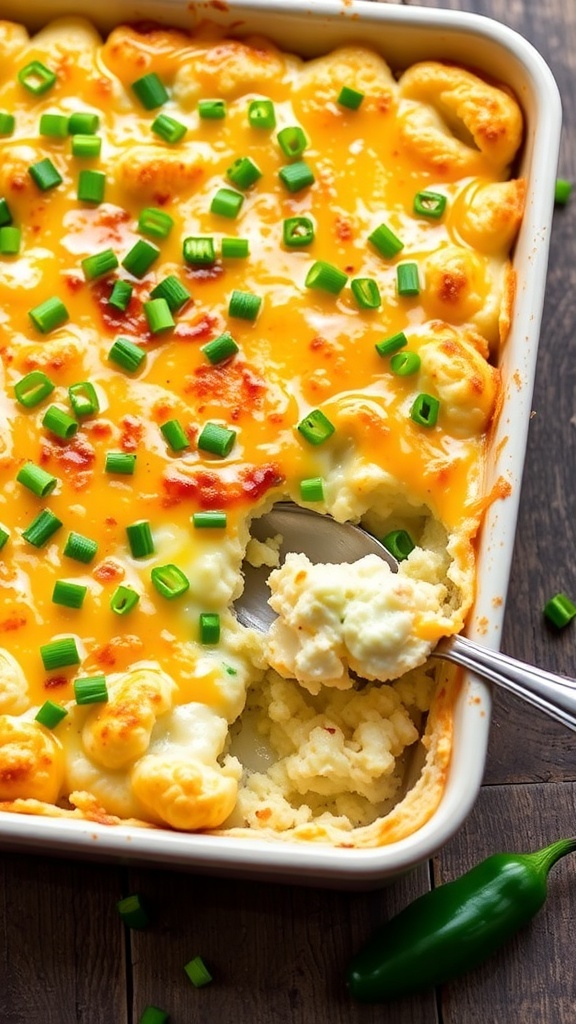 Cheesy cauliflower jalapeño popper casserole with green onions on top, served on a wooden table.